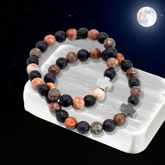 Set of 2 Gemstones Friendship Bracelets - Eternity - Leopard Skin Jasper & Lava Stone