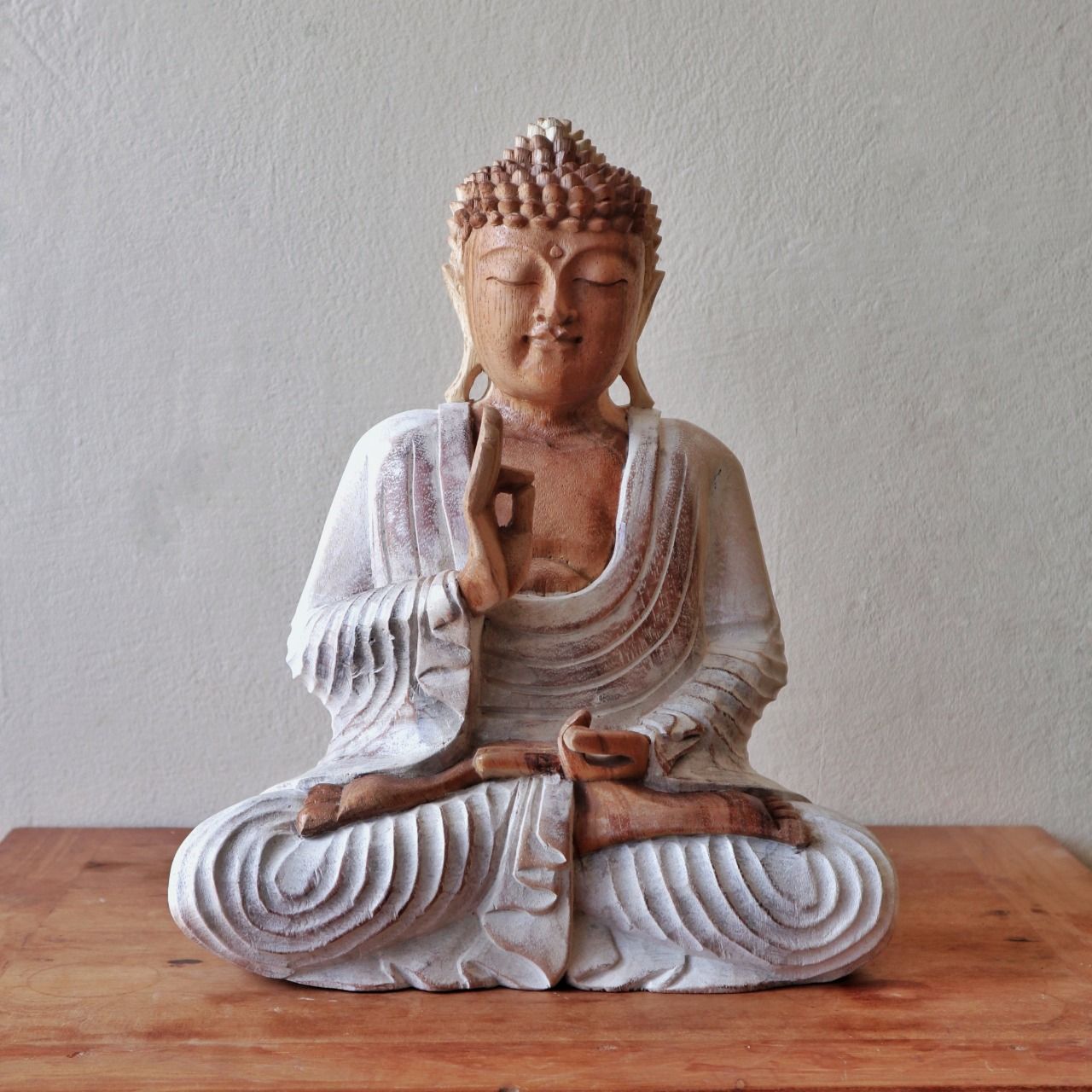 30cm Hand-Carved Teaching Buddha Statue – Whitewash Finish