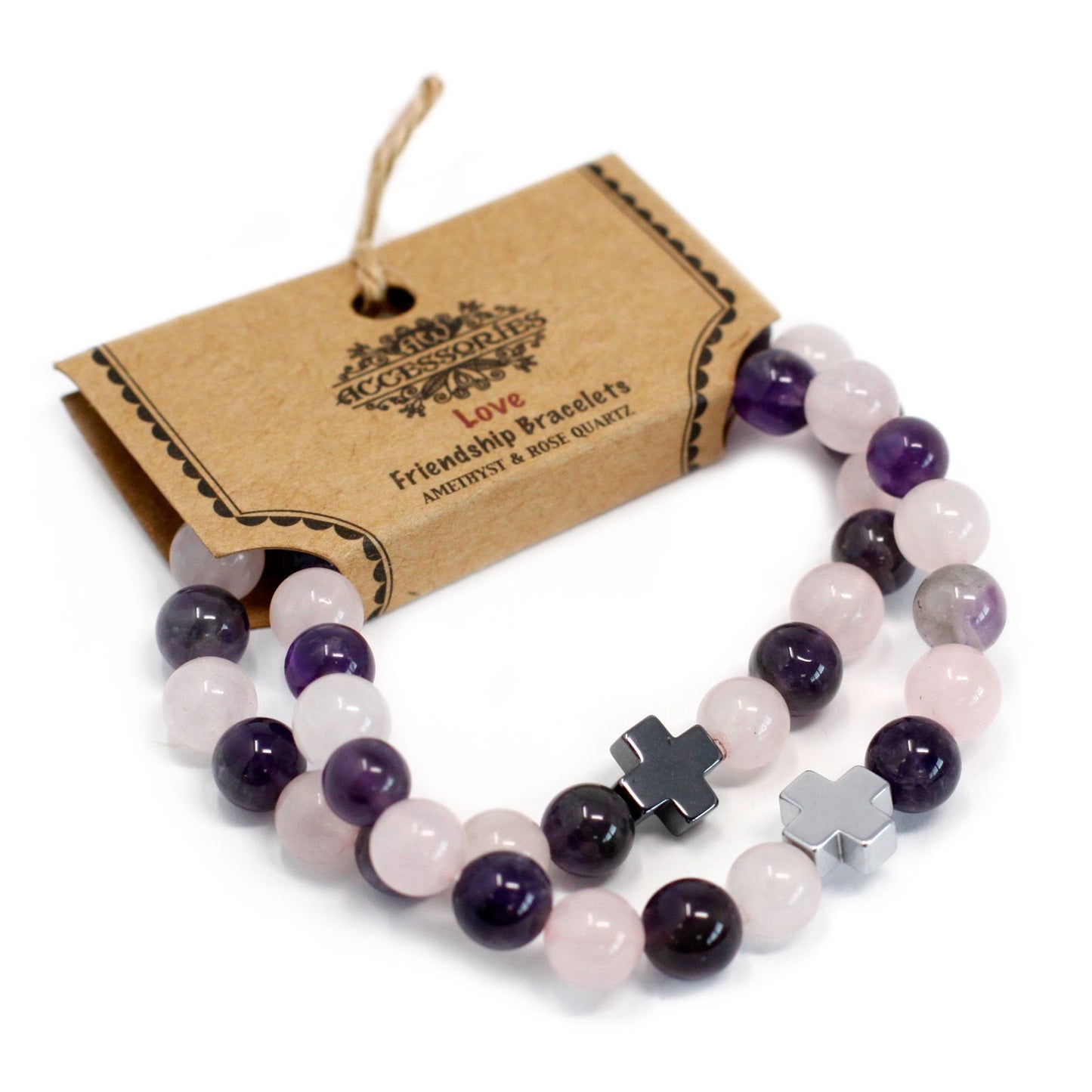 Set of 2 Gemstones Friendship Bracelets - Amethyst & Rose Quartz