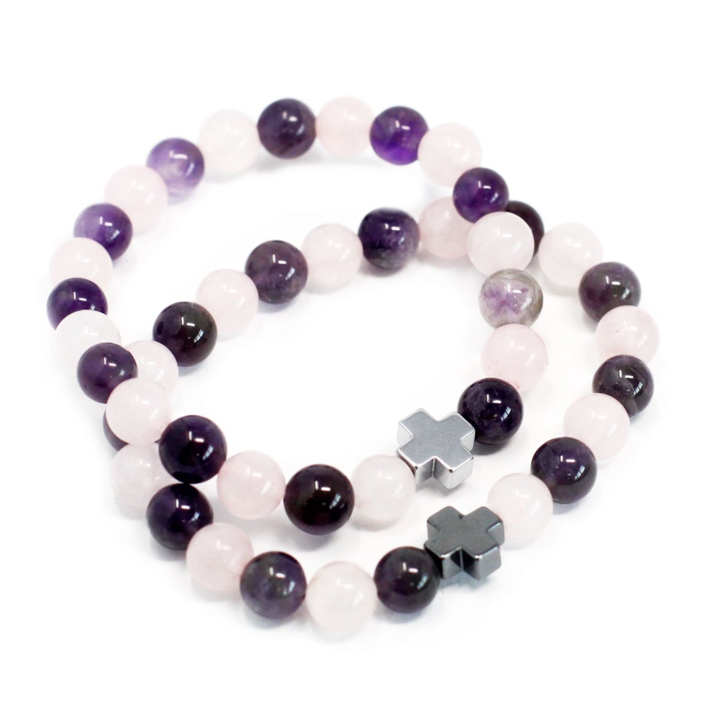 Set of 2 Gemstones Friendship Bracelets - Amethyst & Rose Quartz