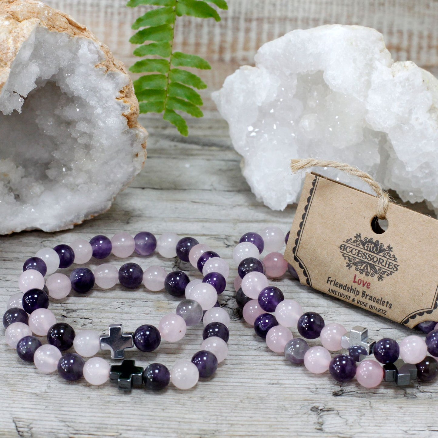 Set of 2 Gemstones Friendship Bracelets - Amethyst & Rose Quartz