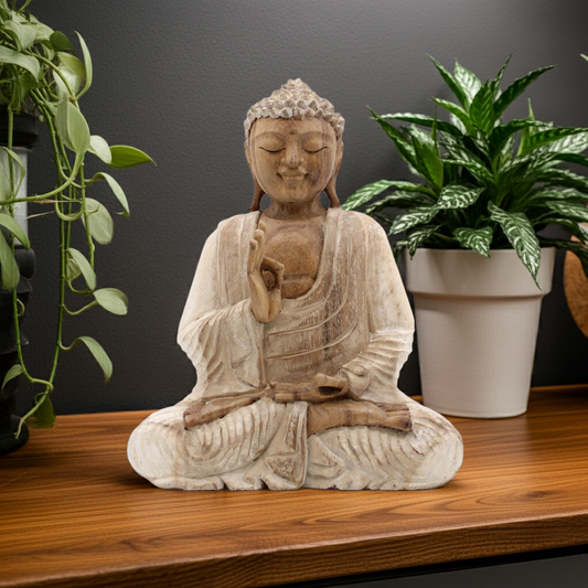 30cm Hand-Carved Teaching Buddha Statue – Whitewash Finish