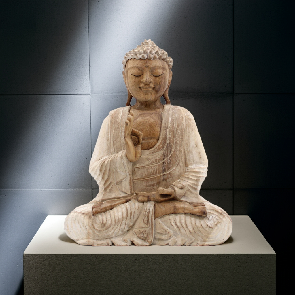 30cm Hand-Carved Teaching Buddha Statue – Whitewash Finish