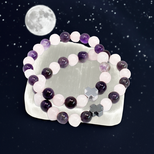Set of 2 Gemstones Friendship Bracelets - Amethyst & Rose Quartz