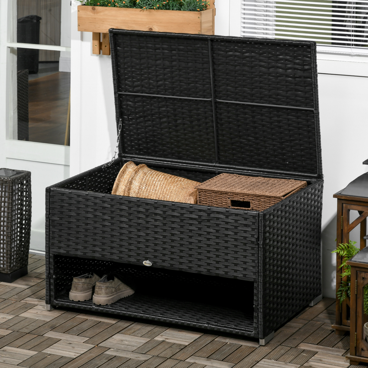 Outsunny Rattan Garden Storage Box, Outdoor PE Wicker Deck Doxes w/ Shoe Layer for Indoor, Outdoor, Spa, Black