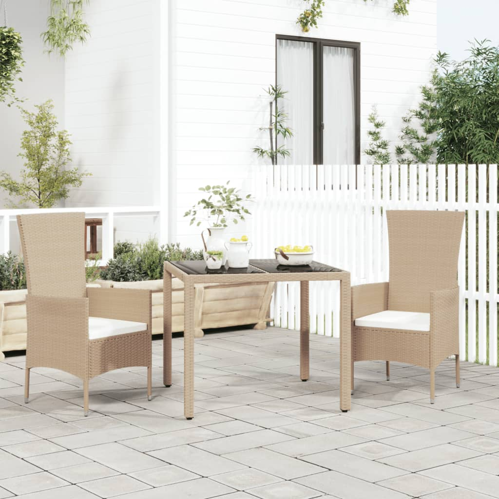 vidaXL Garden Table with Glass Top Beige Poly Rattan&Tempered Glass