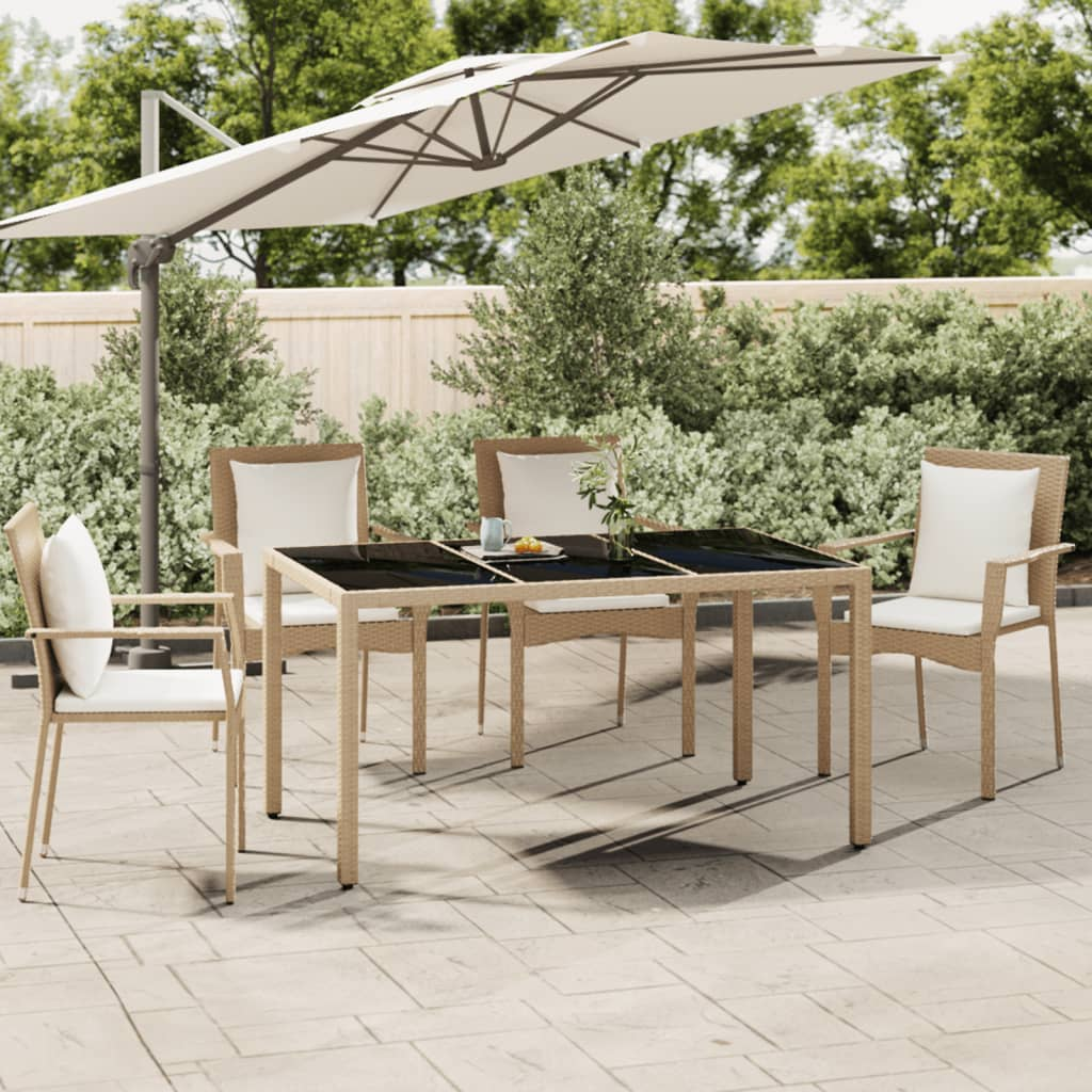 vidaXL Garden Table with Glass Top Beige Poly Rattan&Tempered Glass