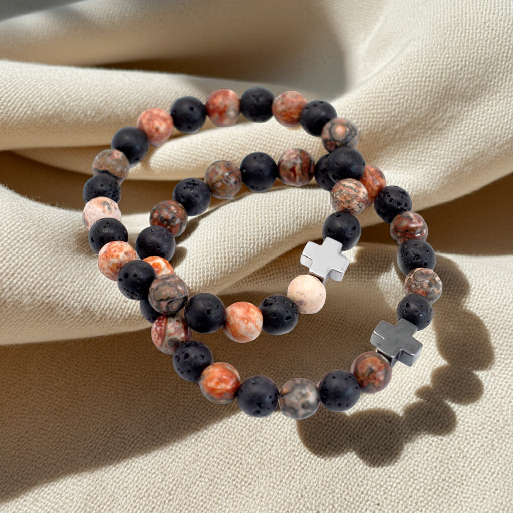 Set of 2 Gemstones Friendship Bracelets - Eternity - Leopard Skin Jasper & Lava Stone