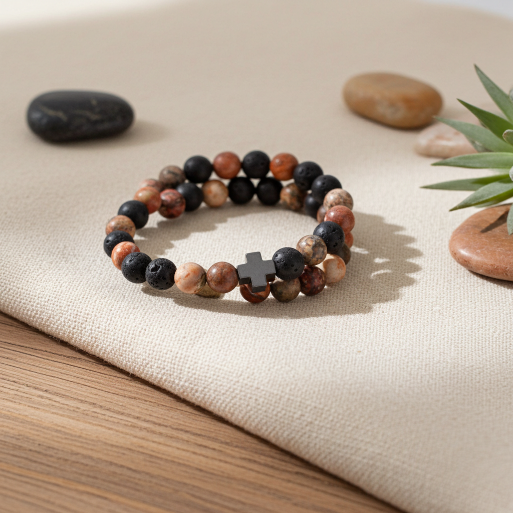 Set of 2 Gemstones Friendship Bracelets - Eternity - Leopard Skin Jasper & Lava Stone