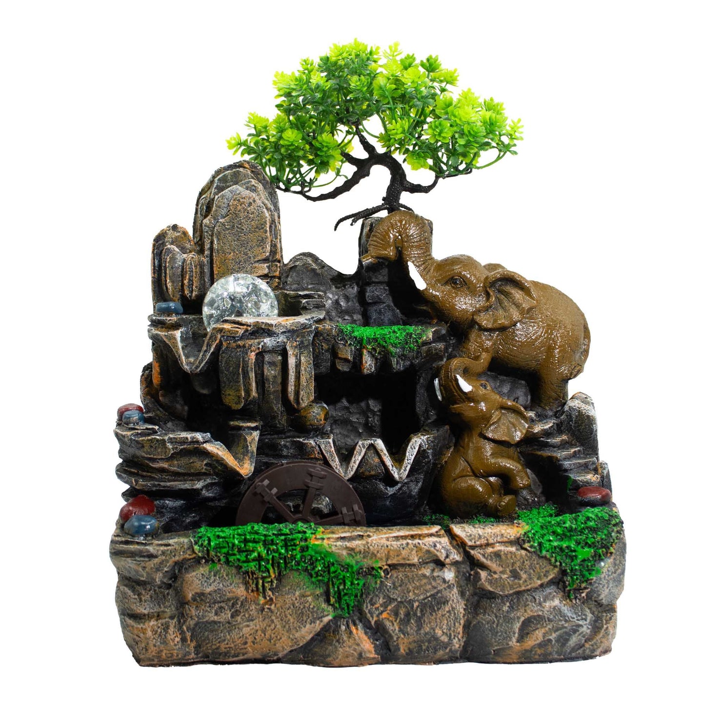 Elephants in Love Tabletop Water Feature with Crystal Ball, Light & Watermill (30x20x35cm)
