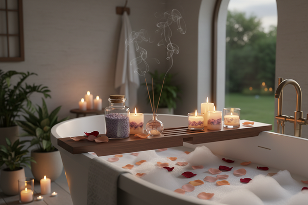 Elegant spa scene with a wooden bath tray placed horizontally across the width of a bathtub, holding bath salts in an apothecary jar, multiple lit crystal-infused candles filled with visible gemstones creating warm ambient light, and incense sticks with rising smoke. Additional candles placed around the bath edge illuminate the scene with a soft golden glow. Bathtub filled with bubbles and multicoloured rose petals floating on the surface. 