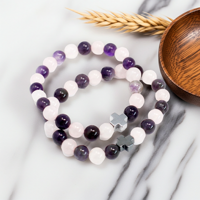 Set of 2 Gemstones Friendship Bracelets - Amethyst & Rose Quartz