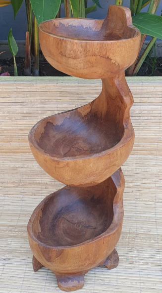 Hand Carved Wooden Teak Three Bowl Standing aprox 50cm