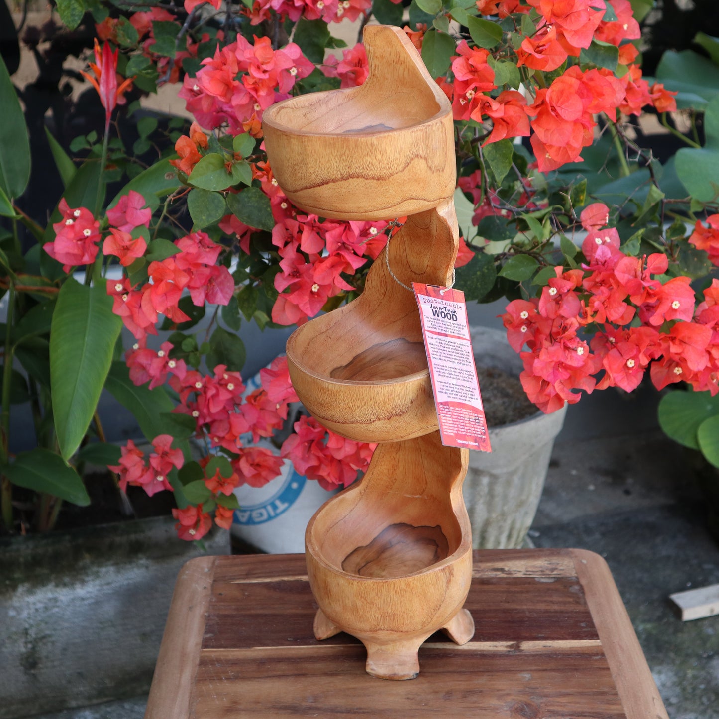 Hand Carved Wooden Teak Three Bowl Standing aprox 50cm